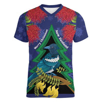 New Zealand Christmas In July Women V-Neck T-Shirt Kowhai Tui Bird With Pohutukawa - Blue LT14 Female Blue - Polynesian Pride