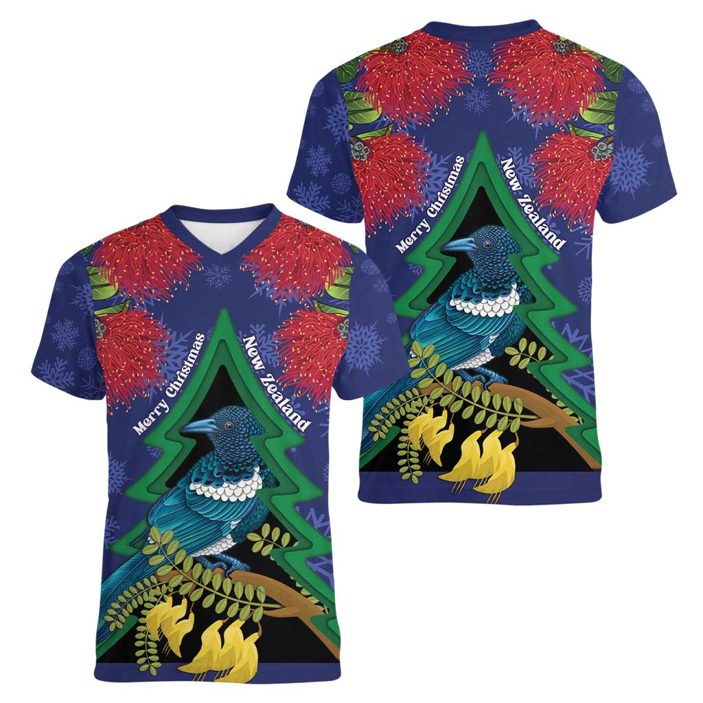 New Zealand Christmas In July Women V-Neck T-Shirt Kowhai Tui Bird With Pohutukawa - Blue LT14 - Polynesian Pride
