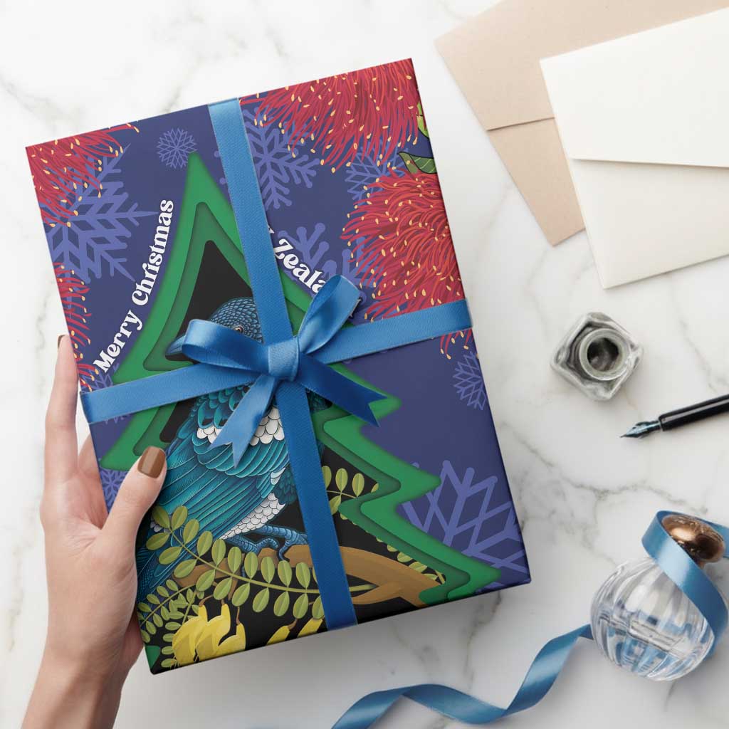 New Zealand Christmas In July Wrapping Paper Kowhai Tui Bird With Pohutukawa - Blue LT14 - Polynesian Pride