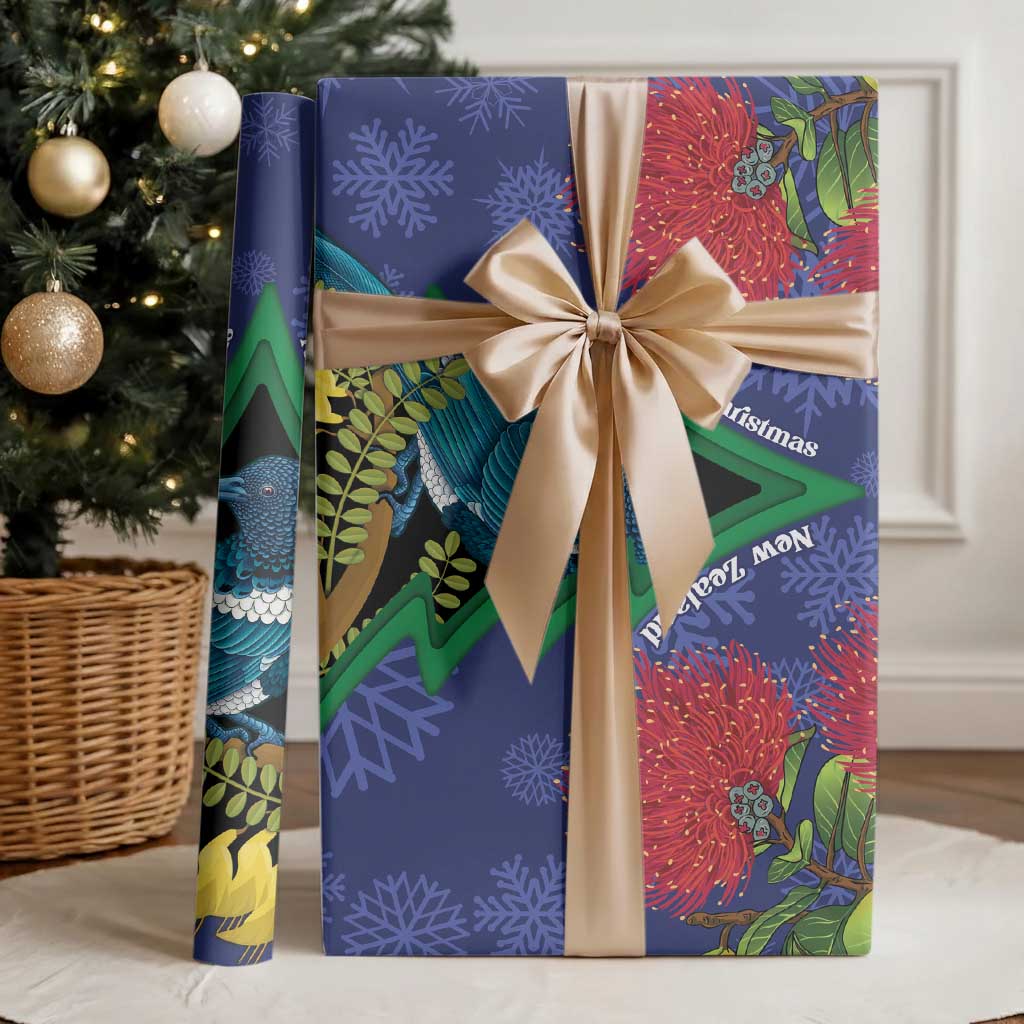 New Zealand Christmas In July Wrapping Paper Kowhai Tui Bird With Pohutukawa - Blue LT14 - Polynesian Pride