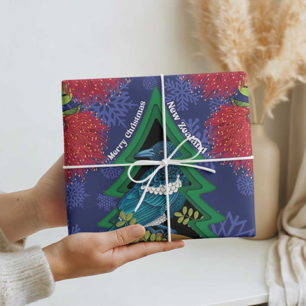 New Zealand Christmas In July Wrapping Paper Kowhai Tui Bird With Pohutukawa - Blue LT14 - Polynesian Pride