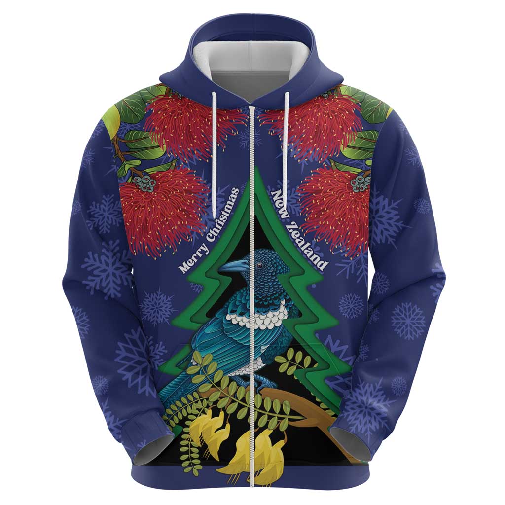 New Zealand Christmas In July Zip Hoodie Kowhai Tui Bird With Pohutukawa - Blue LT14 - Polynesian Pride