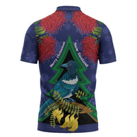 New Zealand Christmas In July Zipper Polo Shirt Kowhai Tui Bird With Pohutukawa - Blue LT14 - Polynesian Pride