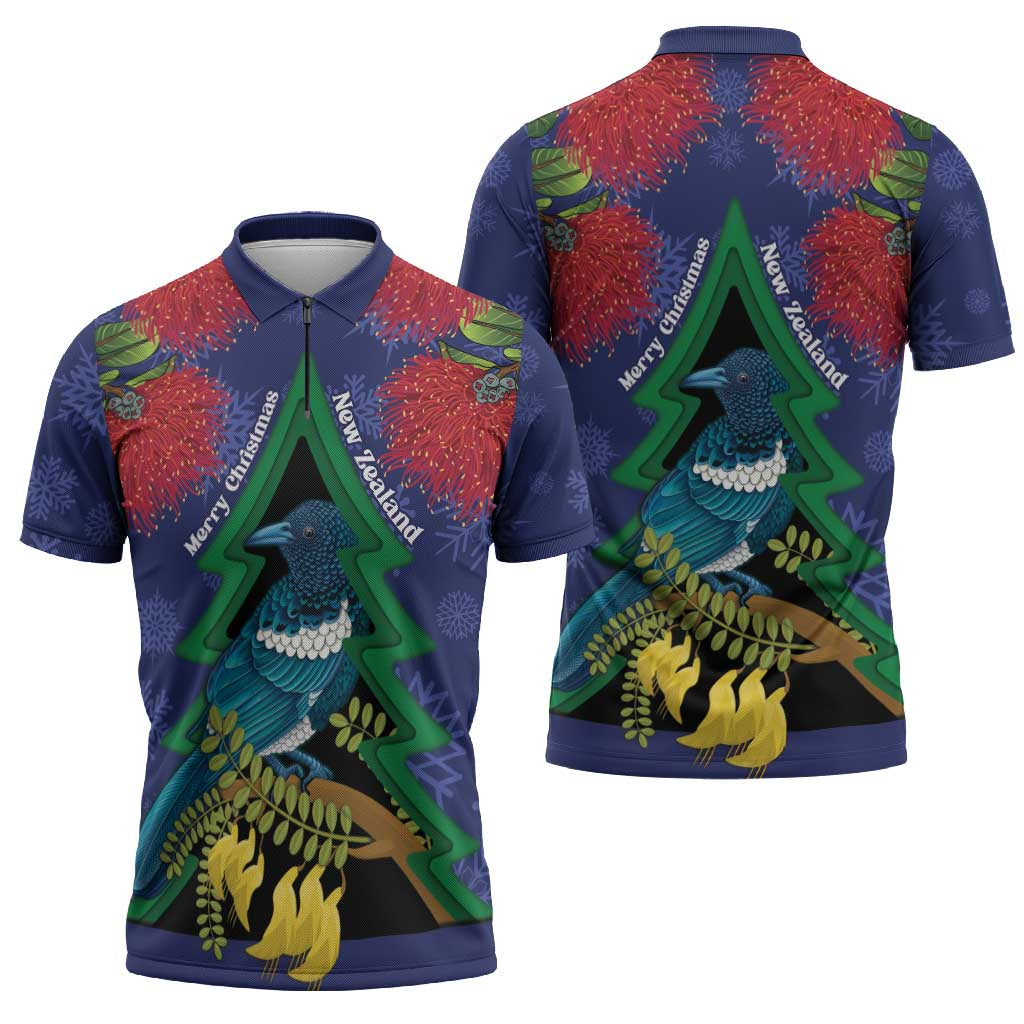 New Zealand Christmas In July Zipper Polo Shirt Kowhai Tui Bird With Pohutukawa - Blue LT14 - Polynesian Pride