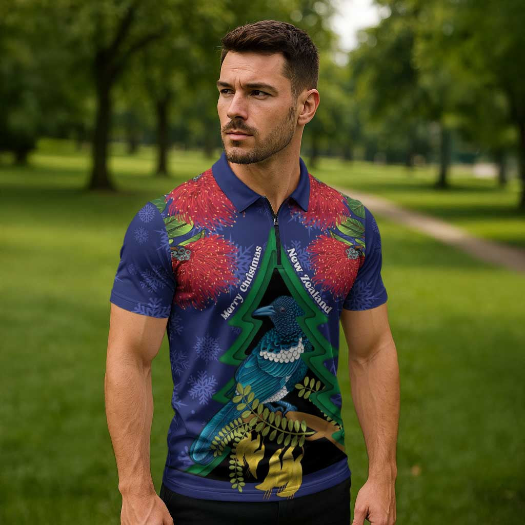 New Zealand Christmas In July Zipper Polo Shirt Kowhai Tui Bird With Pohutukawa - Blue LT14 - Polynesian Pride