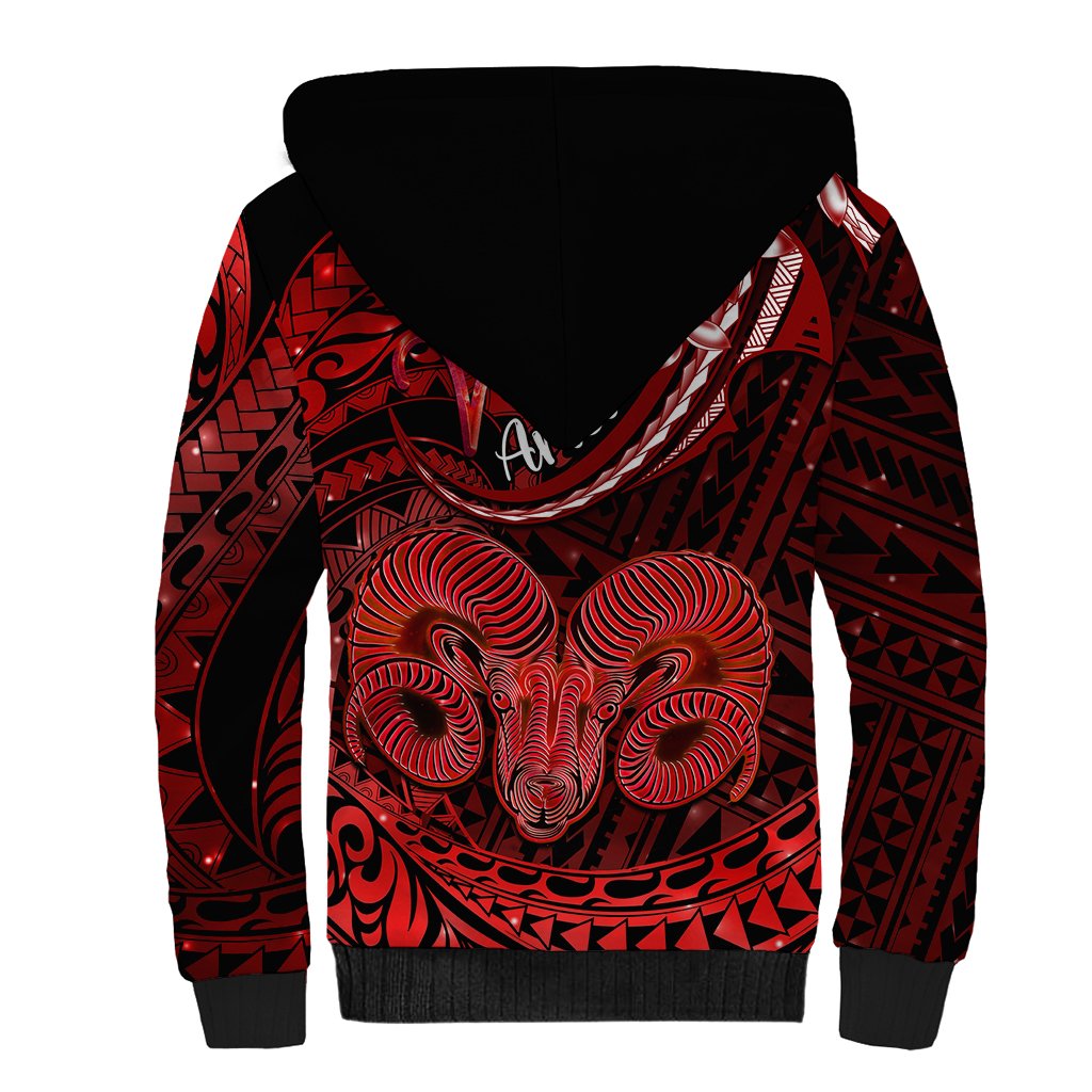 Polynesian Pride Aries Zodiac Sherpa Hoodie Astrological Sign Tribal Plumeria Red Galaxy LT14 - Polynesian Pride