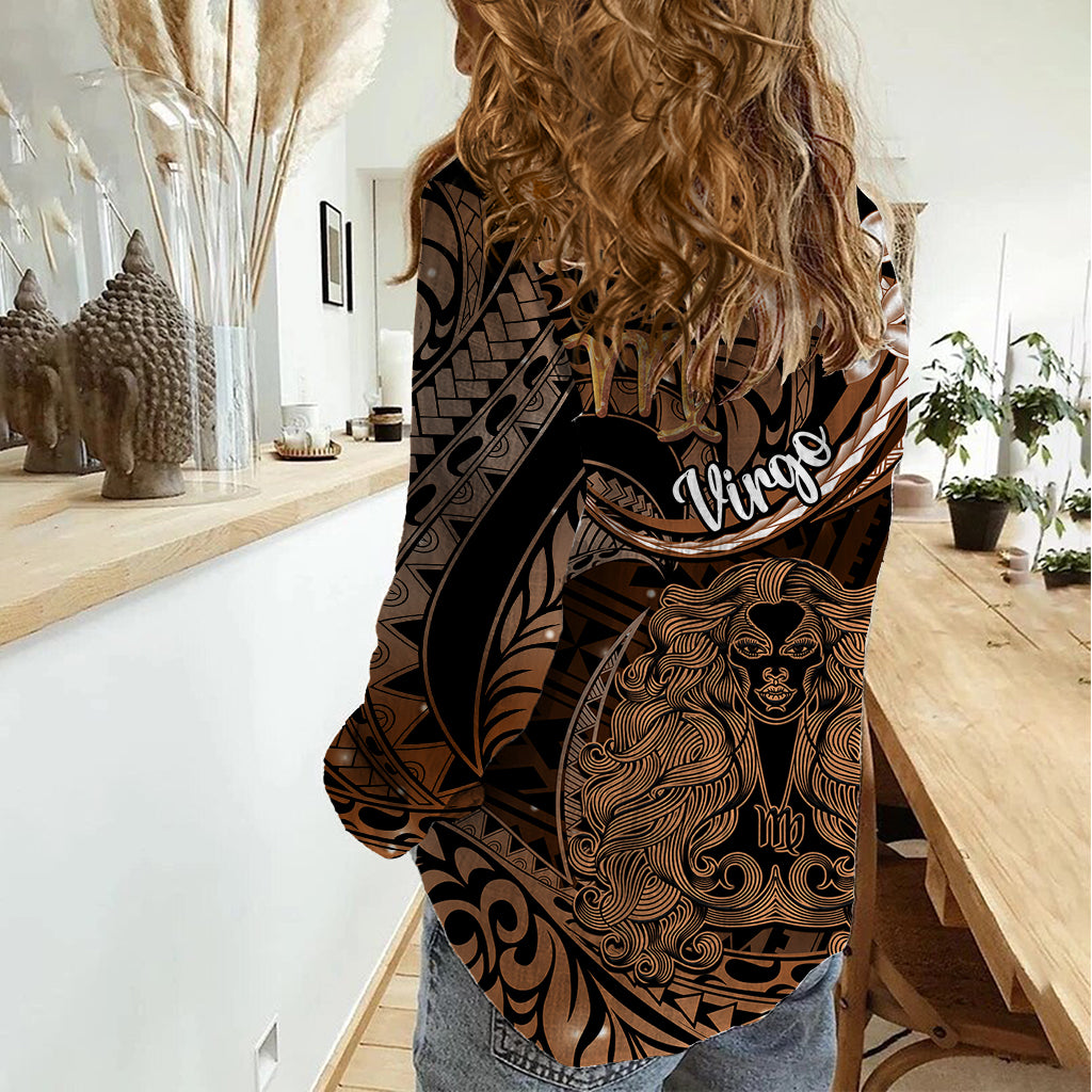 Polynesian Pride Virgo Zodiac Women Casual Shirt Astrological Sign Tribal Plumeria Brown Galaxy LT14 - Polynesian Pride