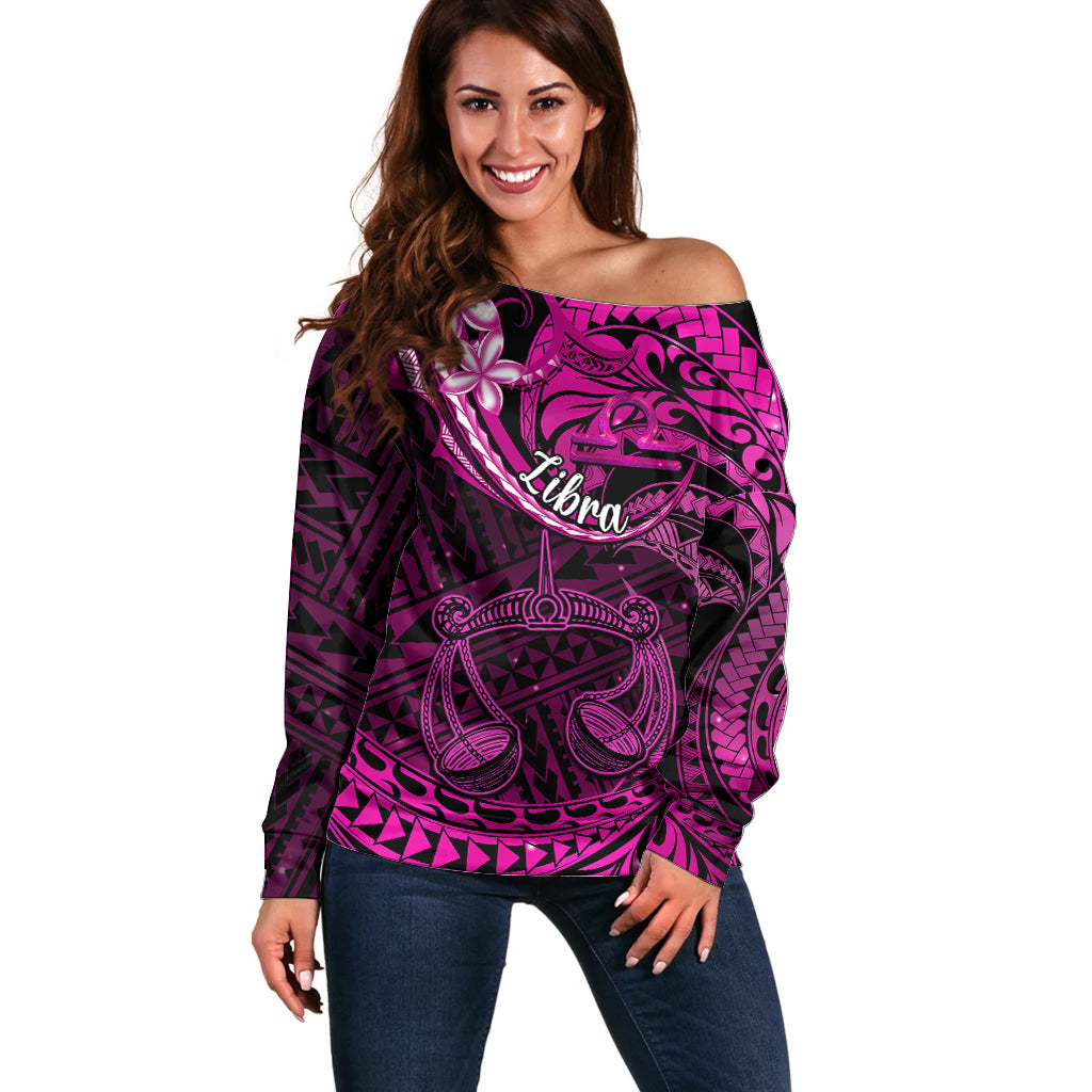 Polynesian Pride Libra Zodiac Off Shoulder Sweater Astrological Sign Tribal Plumeria Pink Galaxy LT14 Women Pink - Polynesian Pride