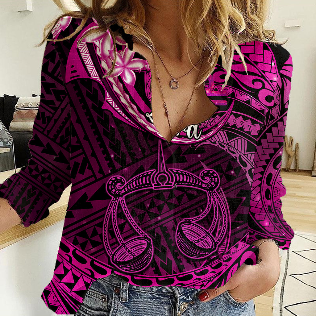 Polynesian Pride Libra Zodiac Women Casual Shirt Astrological Sign Tribal Plumeria Pink Galaxy LT14 Female Pink - Polynesian Pride