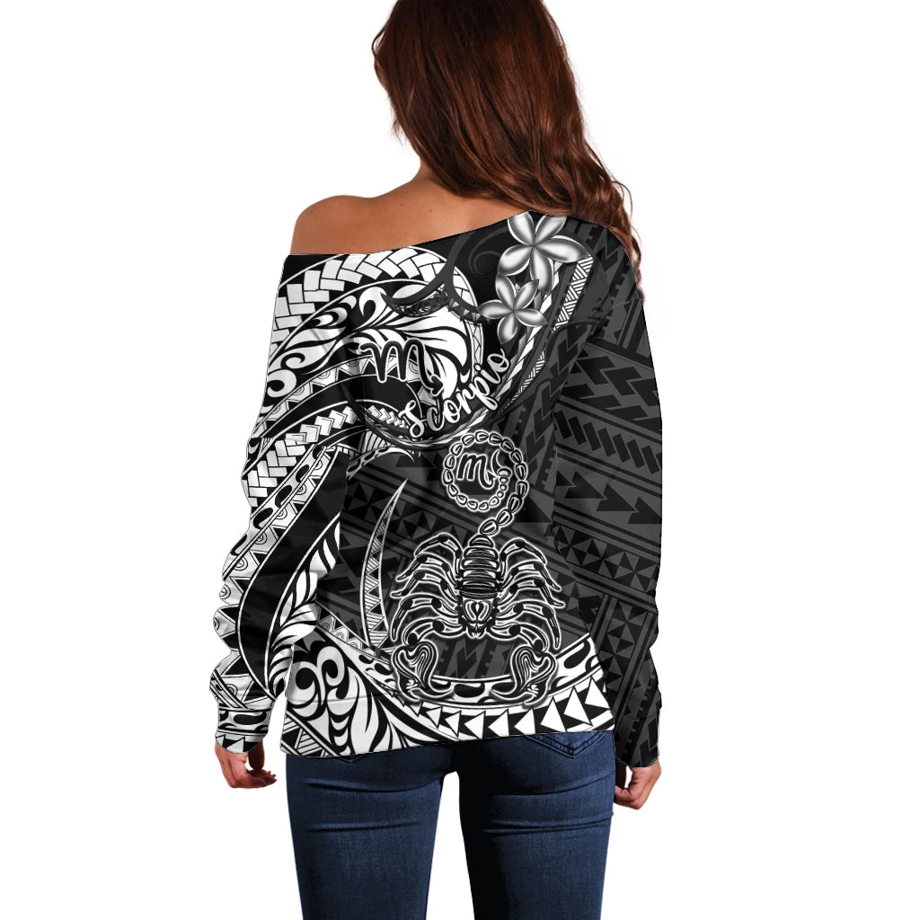 Polynesian Pride Scorpio Zodiac Off Shoulder Sweater Astrological Sign Tribal Plumeria Black LT14 - Polynesian Pride