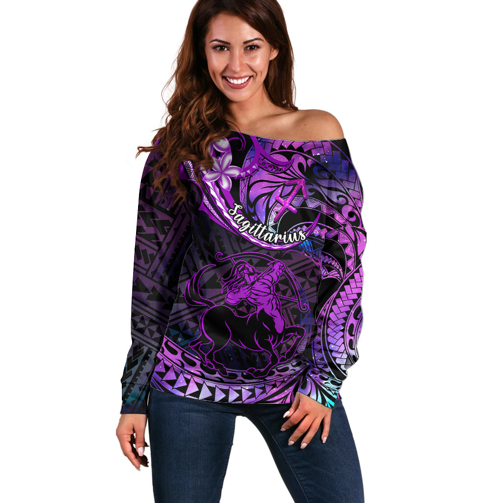 Polynesian Pride Sagittarius Zodiac Off Shoulder Sweater Astrological Sign Tribal Plumeria Purple Galaxy LT14 Women Purple - Polynesian Pride