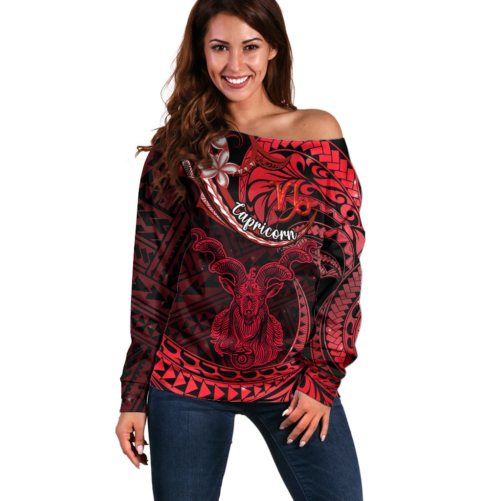 Polynesian Pride Capricorn Zodiac Off Shoulder Sweater Astrological Sign Tribal Plumeria Red Galaxy LT14 Women Red - Polynesian Pride