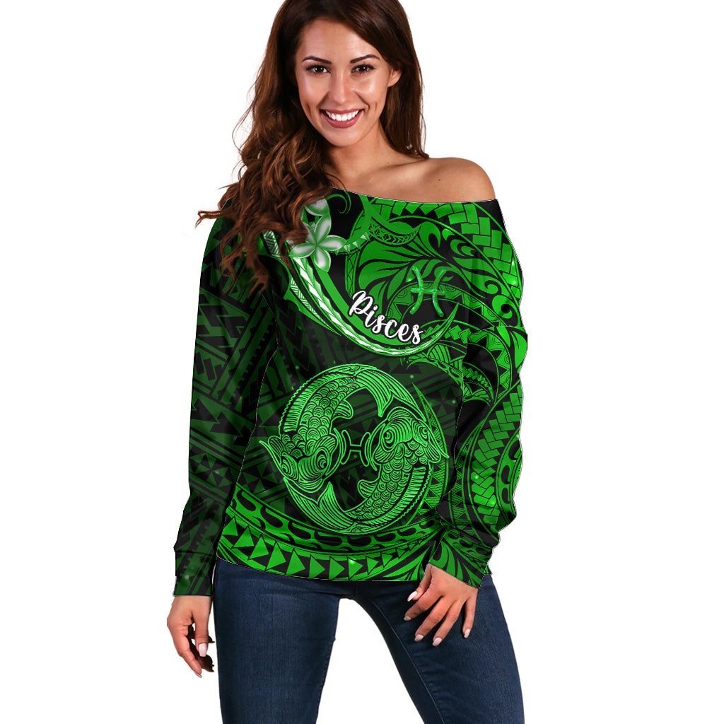 Polynesian Pride Pisces Zodiac Off Shoulder Sweater Astrological Sign Tribal Plumeria Green Galaxy LT14 Women Green - Polynesian Pride