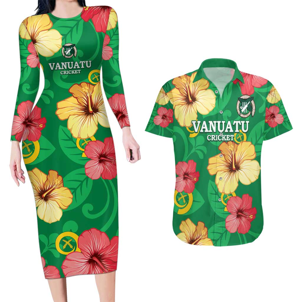 Custom Vanuatu Cricket Couples Matching Long Sleeve Bodycon Dress and Hawaiian Shirt 2024 Tropical Flowers Version LT14 Green - Polynesian Pride