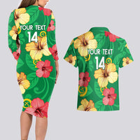 Custom Vanuatu Cricket Couples Matching Long Sleeve Bodycon Dress and Hawaiian Shirt 2024 Tropical Flowers Version LT14 - Polynesian Pride