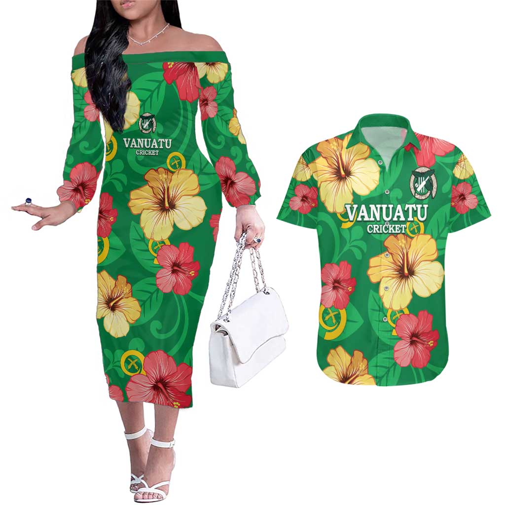 Custom Vanuatu Cricket Couples Matching Off The Shoulder Long Sleeve Dress and Hawaiian Shirt 2024 Tropical Flowers Version LT14 Green - Polynesian Pride