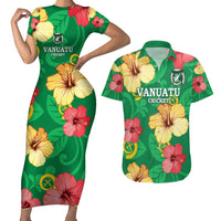 Custom Vanuatu Cricket Couples Matching Short Sleeve Bodycon Dress and Hawaiian Shirt 2024 Tropical Flowers Version LT14 Green - Polynesian Pride