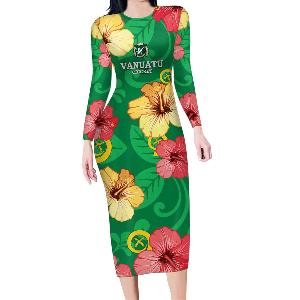 Custom Vanuatu Cricket Family Matching Long Sleeve Bodycon Dress and Hawaiian Shirt 2024 Tropical Flowers Version LT14 Mom's Dress Green - Polynesian Pride