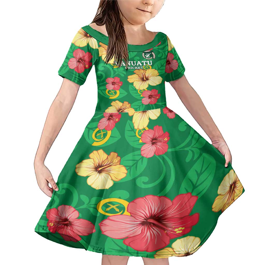 Custom Vanuatu Cricket Family Matching Mermaid Dress and Hawaiian Shirt 2024 Tropical Flowers Version LT14 Daughter's Dress Green - Polynesian Pride