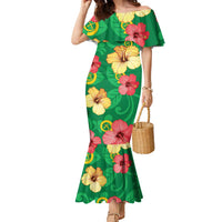 Custom Vanuatu Cricket Family Matching Mermaid Dress and Hawaiian Shirt 2024 Tropical Flowers Version LT14 Mom's Dress Green - Polynesian Pride