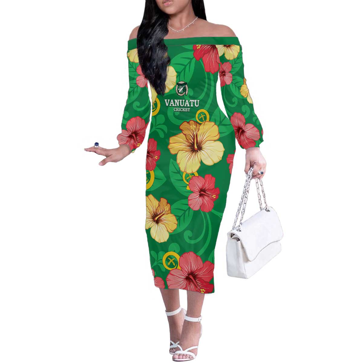 Custom Vanuatu Cricket Family Matching Off The Shoulder Long Sleeve Dress and Hawaiian Shirt 2024 Tropical Flowers Version LT14 Mom's Dress Green - Polynesian Pride