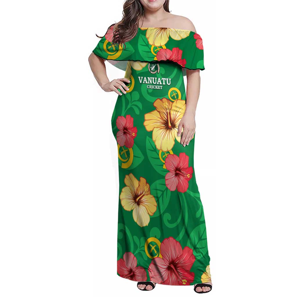 Custom Vanuatu Cricket Family Matching Off Shoulder Maxi Dress and Hawaiian Shirt 2024 Tropical Flowers Version LT14 Mom's Dress Green - Polynesian Pride