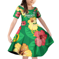 Custom Vanuatu Cricket Family Matching Off Shoulder Short Dress and Hawaiian Shirt 2024 Tropical Flowers Version LT14 Daughter's Dress Green - Polynesian Pride
