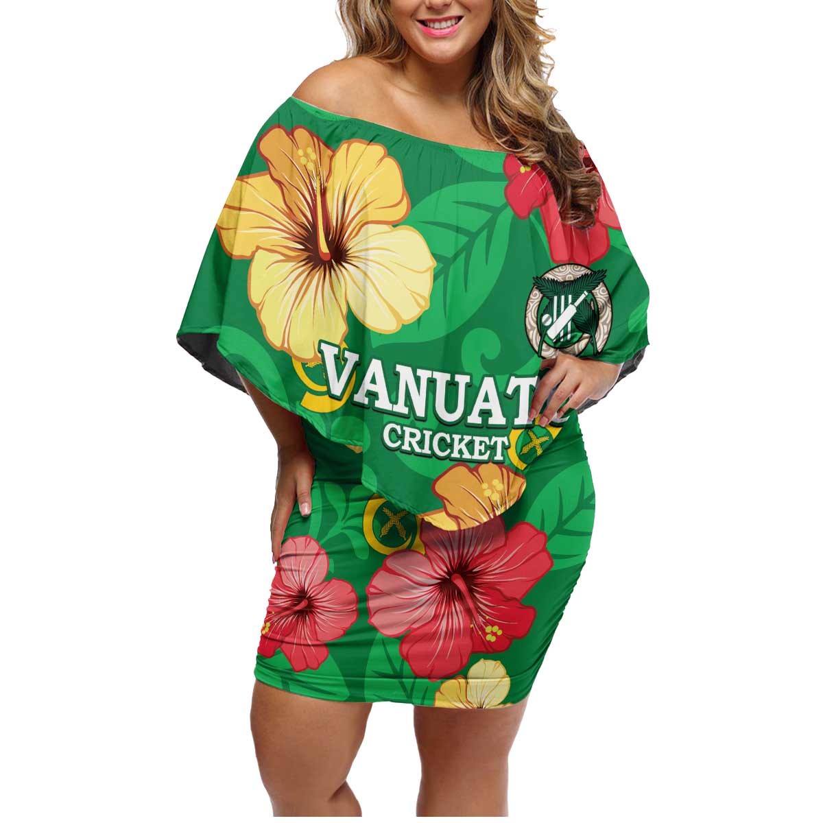 Custom Vanuatu Cricket Family Matching Off Shoulder Short Dress and Hawaiian Shirt 2024 Tropical Flowers Version LT14 Mom's Dress Green - Polynesian Pride