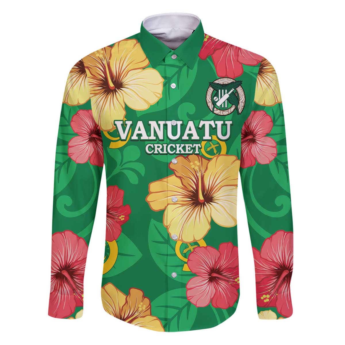 Custom Vanuatu Cricket Family Matching Puletasi and Hawaiian Shirt 2024 Tropical Flowers Version LT14 Dad's Shirt - Long Sleeve Green - Polynesian Pride