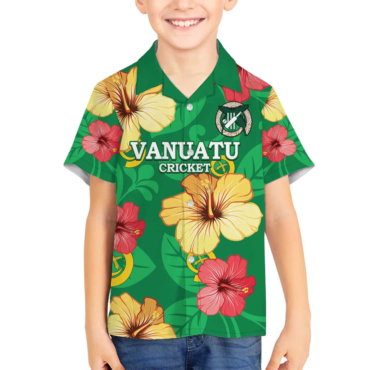 Custom Vanuatu Cricket Family Matching Puletasi and Hawaiian Shirt 2024 Tropical Flowers Version LT14 Son's Shirt Green - Polynesian Pride