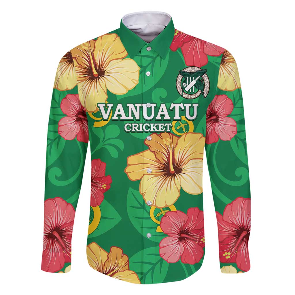 Custom Vanuatu Cricket Family Matching Summer Maxi Dress and Hawaiian Shirt 2024 Tropical Flowers Version LT14 Dad's Shirt - Long Sleeve Green - Polynesian Pride