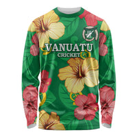 Custom Vanuatu Cricket Long Sleeve Shirt 2024 Tropical Flowers Version LT14 Unisex Green - Polynesian Pride