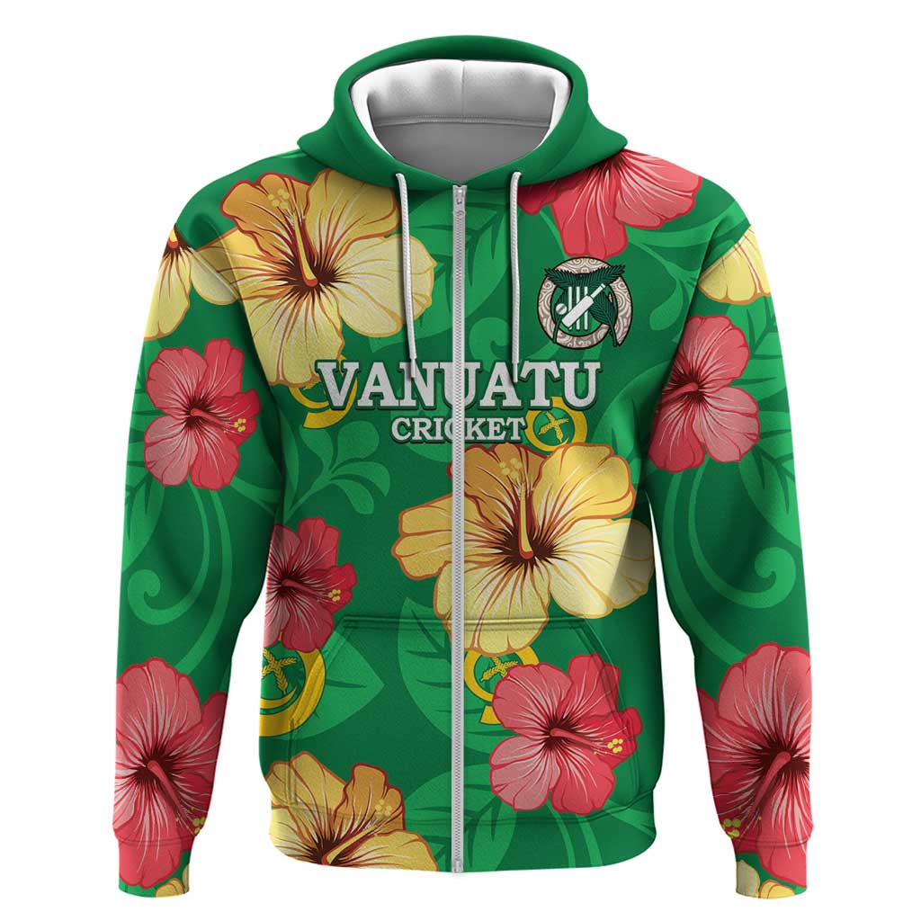 Custom Vanuatu Cricket Zip Hoodie 2024 Tropical Flowers Version LT14 Zip Hoodie Green - Polynesian Pride