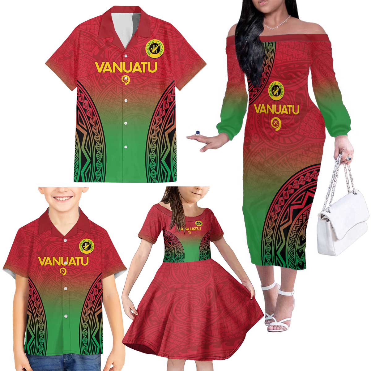 Custom Vanuatu Cricket Family Matching Off The Shoulder Long Sleeve Dress and Hawaiian Shirt 2024 Polynesian Pattern Sporty Style LT14 - Polynesian Pride
