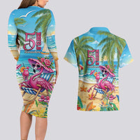 Flamingo Aloha Hawaii Couples Matching Long Sleeve Bodycon Dress and Hawaiian Shirt It's 5 OClock Somewhere Tropical Vibes LT14 - Polynesian Pride