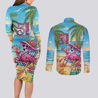 Flamingo Aloha Hawaii Couples Matching Long Sleeve Bodycon Dress and Long Sleeve Button Shirt It's 5 OClock Somewhere Tropical Vibes LT14 - Polynesian Pride