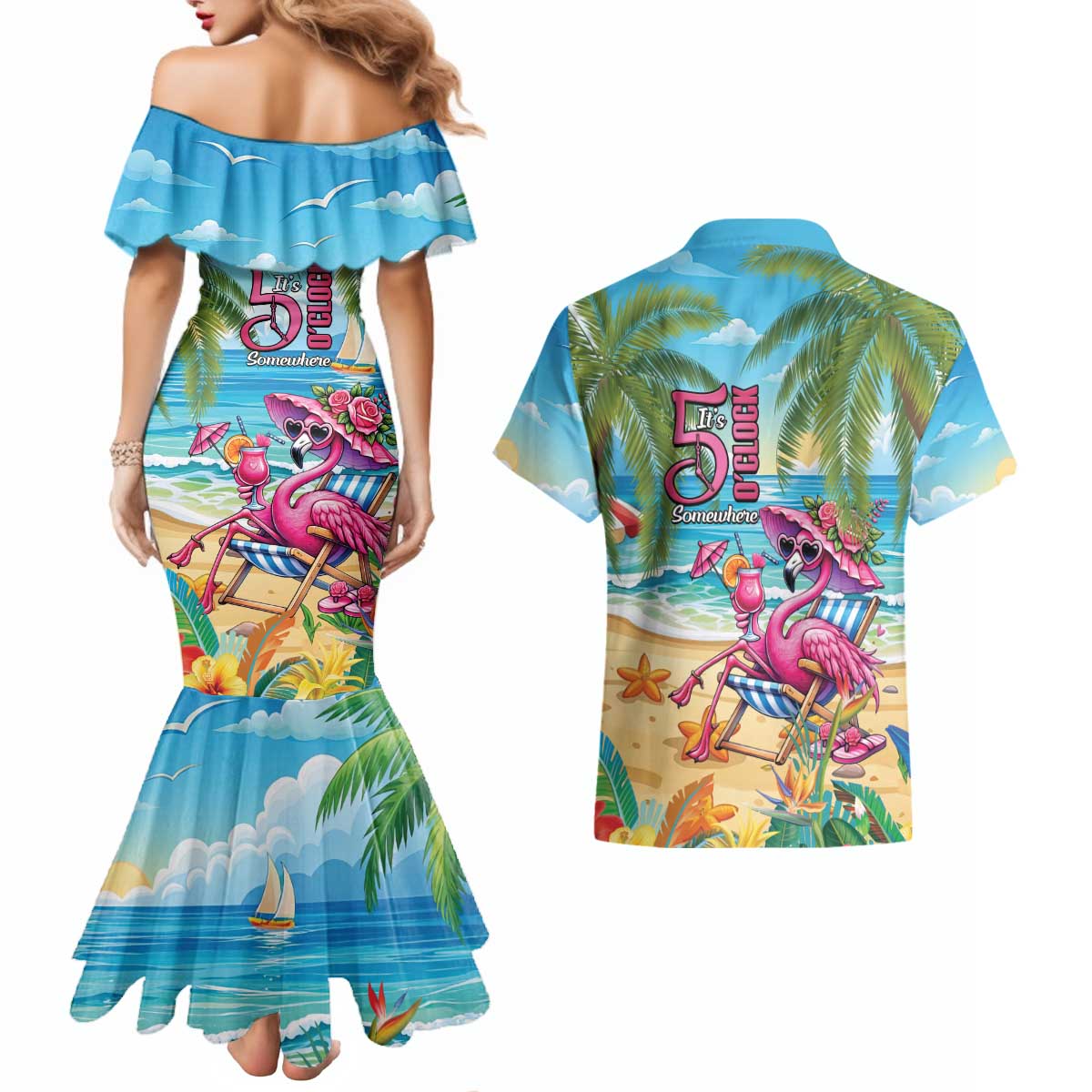 Flamingo Aloha Hawaii Couples Matching Mermaid Dress and Hawaiian Shirt It's 5 OClock Somewhere Tropical Vibes LT14 - Polynesian Pride