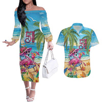 Flamingo Aloha Hawaii Couples Matching Off The Shoulder Long Sleeve Dress and Hawaiian Shirt It's 5 OClock Somewhere Tropical Vibes LT14 Blue - Polynesian Pride