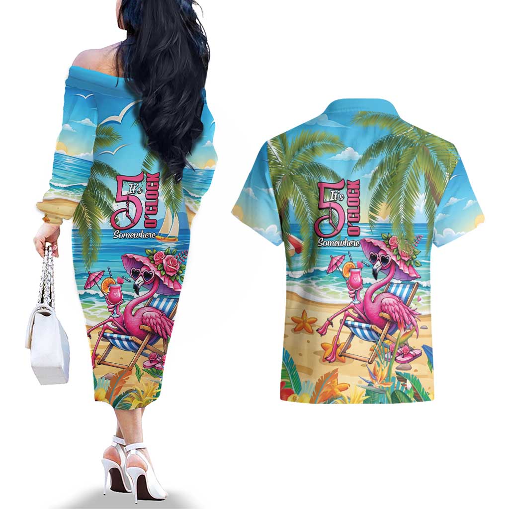 Flamingo Aloha Hawaii Couples Matching Off The Shoulder Long Sleeve Dress and Hawaiian Shirt It's 5 OClock Somewhere Tropical Vibes LT14 - Polynesian Pride