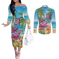 Flamingo Aloha Hawaii Couples Matching Off The Shoulder Long Sleeve Dress and Long Sleeve Button Shirt It's 5 OClock Somewhere Tropical Vibes LT14 Blue - Polynesian Pride