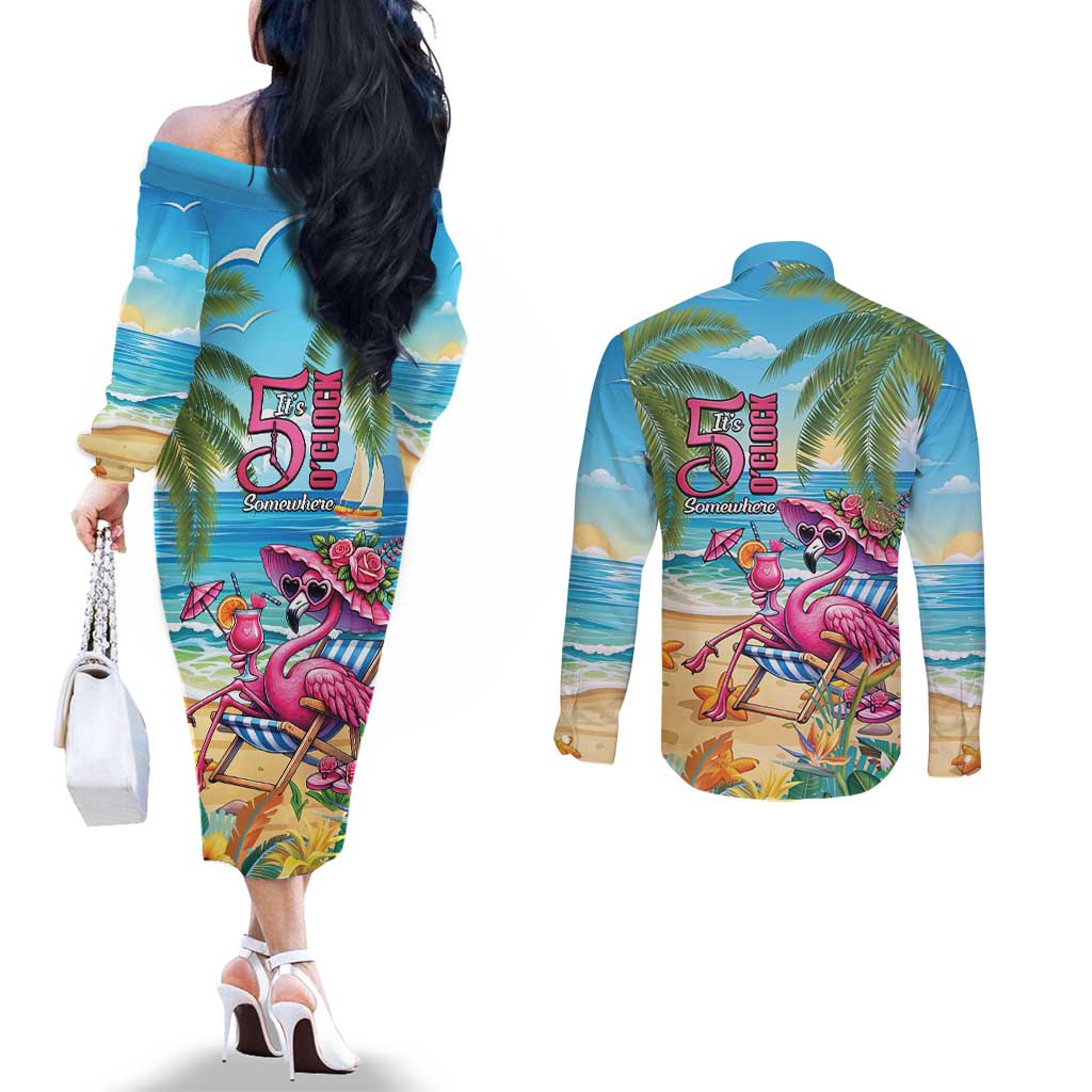 Flamingo Aloha Hawaii Couples Matching Off The Shoulder Long Sleeve Dress and Long Sleeve Button Shirt It's 5 OClock Somewhere Tropical Vibes LT14 - Polynesian Pride