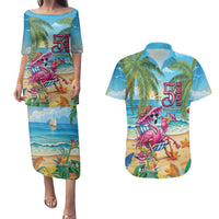 Flamingo Aloha Hawaii Couples Matching Puletasi and Hawaiian Shirt It's 5 OClock Somewhere Tropical Vibes LT14 Blue - Polynesian Pride