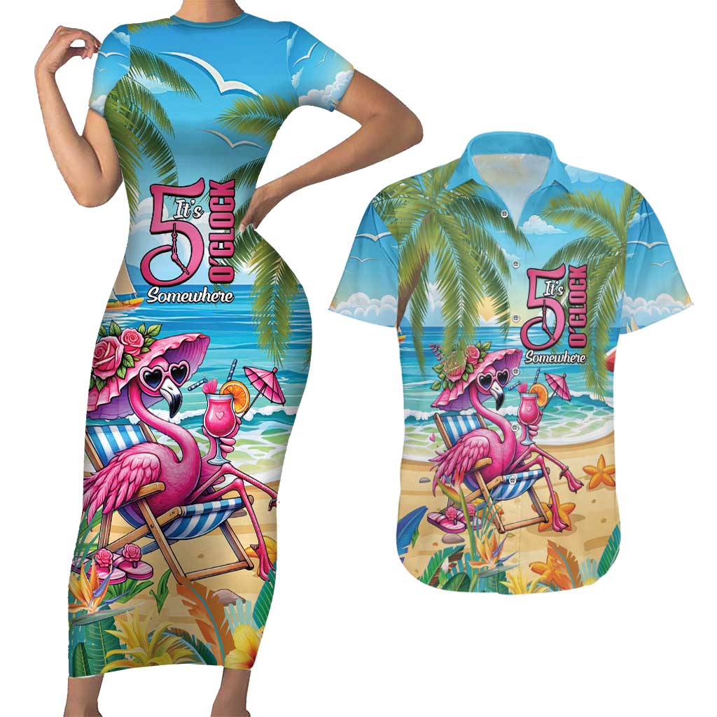 Flamingo Aloha Hawaii Couples Matching Short Sleeve Bodycon Dress and Hawaiian Shirt It's 5 OClock Somewhere Tropical Vibes LT14 Blue - Polynesian Pride