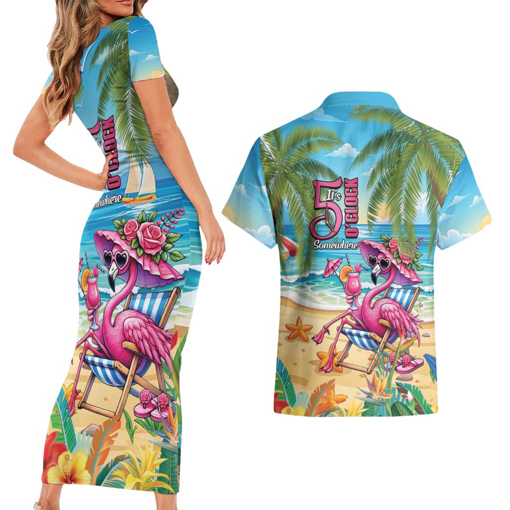 Flamingo Aloha Hawaii Couples Matching Short Sleeve Bodycon Dress and Hawaiian Shirt It's 5 OClock Somewhere Tropical Vibes LT14 - Polynesian Pride