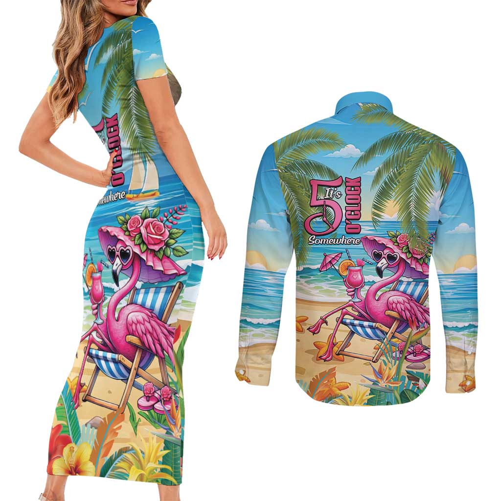Flamingo Aloha Hawaii Couples Matching Short Sleeve Bodycon Dress and Long Sleeve Button Shirt It's 5 OClock Somewhere Tropical Vibes LT14 - Polynesian Pride