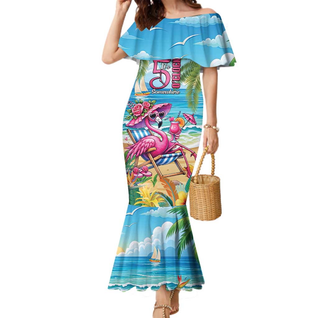 Flamingo Aloha Hawaii Family Matching Mermaid Dress and Hawaiian Shirt It's 5 OClock Somewhere Tropical Vibes LT14 Mom's Dress Blue - Polynesian Pride