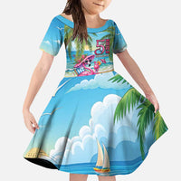 Flamingo Aloha Hawaii Family Matching Off Shoulder Maxi Dress and Hawaiian Shirt It's 5 OClock Somewhere Tropical Vibes LT14 Daughter's Dress Blue - Polynesian Pride