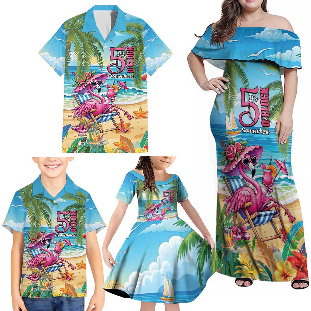 Flamingo Aloha Hawaii Family Matching Off Shoulder Maxi Dress and Hawaiian Shirt It's 5 OClock Somewhere Tropical Vibes LT14 - Polynesian Pride