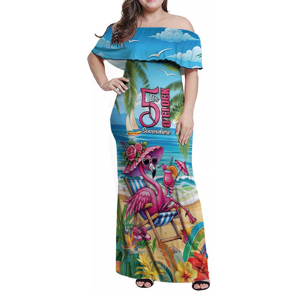 Flamingo Aloha Hawaii Family Matching Off Shoulder Maxi Dress and Hawaiian Shirt It's 5 OClock Somewhere Tropical Vibes LT14 Mom's Dress Blue - Polynesian Pride