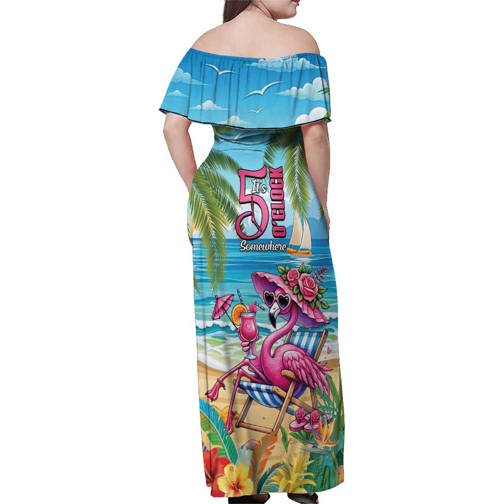 Flamingo Aloha Hawaii Family Matching Off Shoulder Maxi Dress and Hawaiian Shirt It's 5 OClock Somewhere Tropical Vibes LT14 - Polynesian Pride